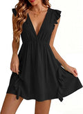 Women Deep V-Neck Mini Dress Open Back Ruffled Boho Beach Sundress | Empire Waist Self Tie Cruise Dresses, Womens Sleeveless A-Line Sundress for Summer Vacations, Breathable Crinkle Woven Fabric