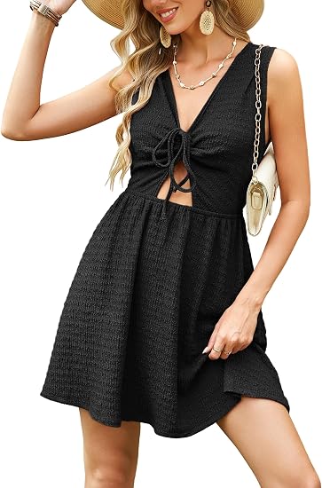 Women's Summer Dresses Tie Front V Neck A Line Sleeveless Club Party Mini Dress Cuasal Vacation Outfits with Pockets